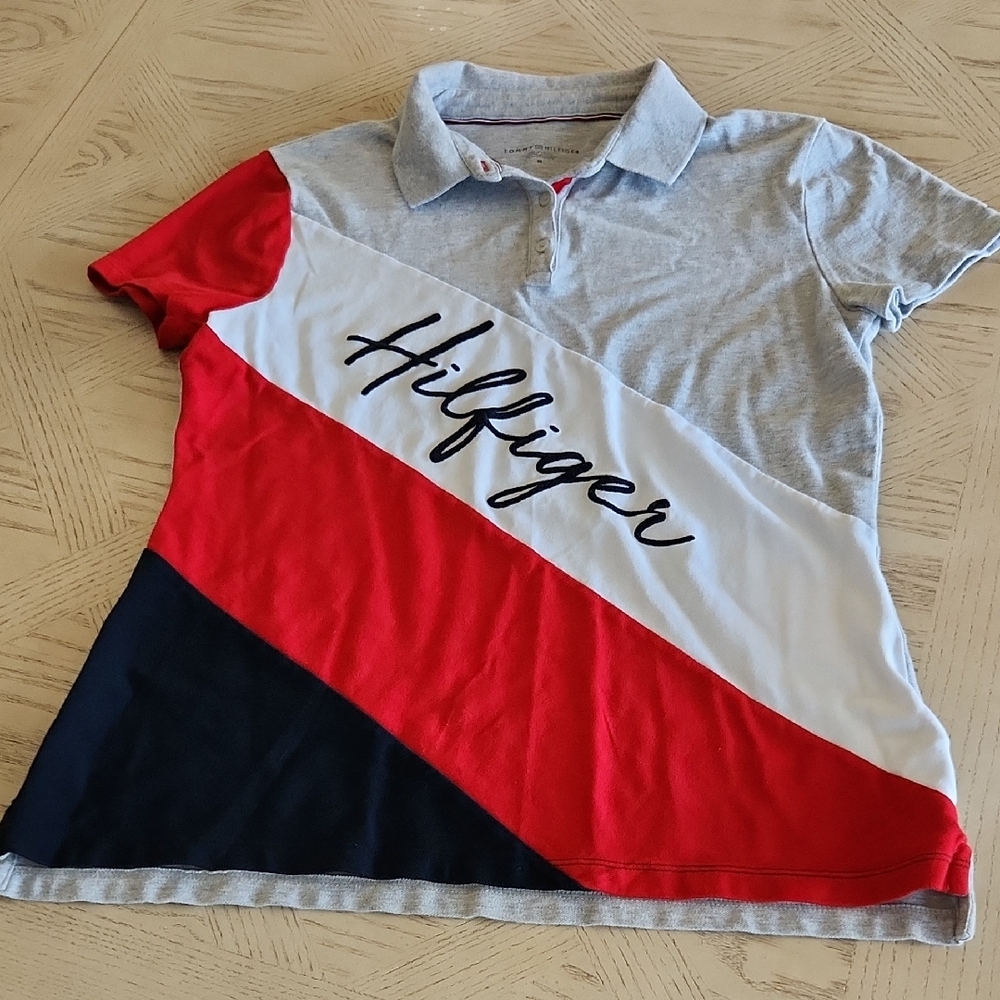 Tommy Hilfiger Women's Colorblock Polo - Red, White, Gray, and Blue Size Medium